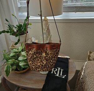 Ralph Lauren Leopard-Print Drawstring Bucket Bag in Brown and Tan